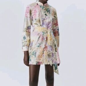 Zara Linen Blend Floral Tropical Print Mini Dress
